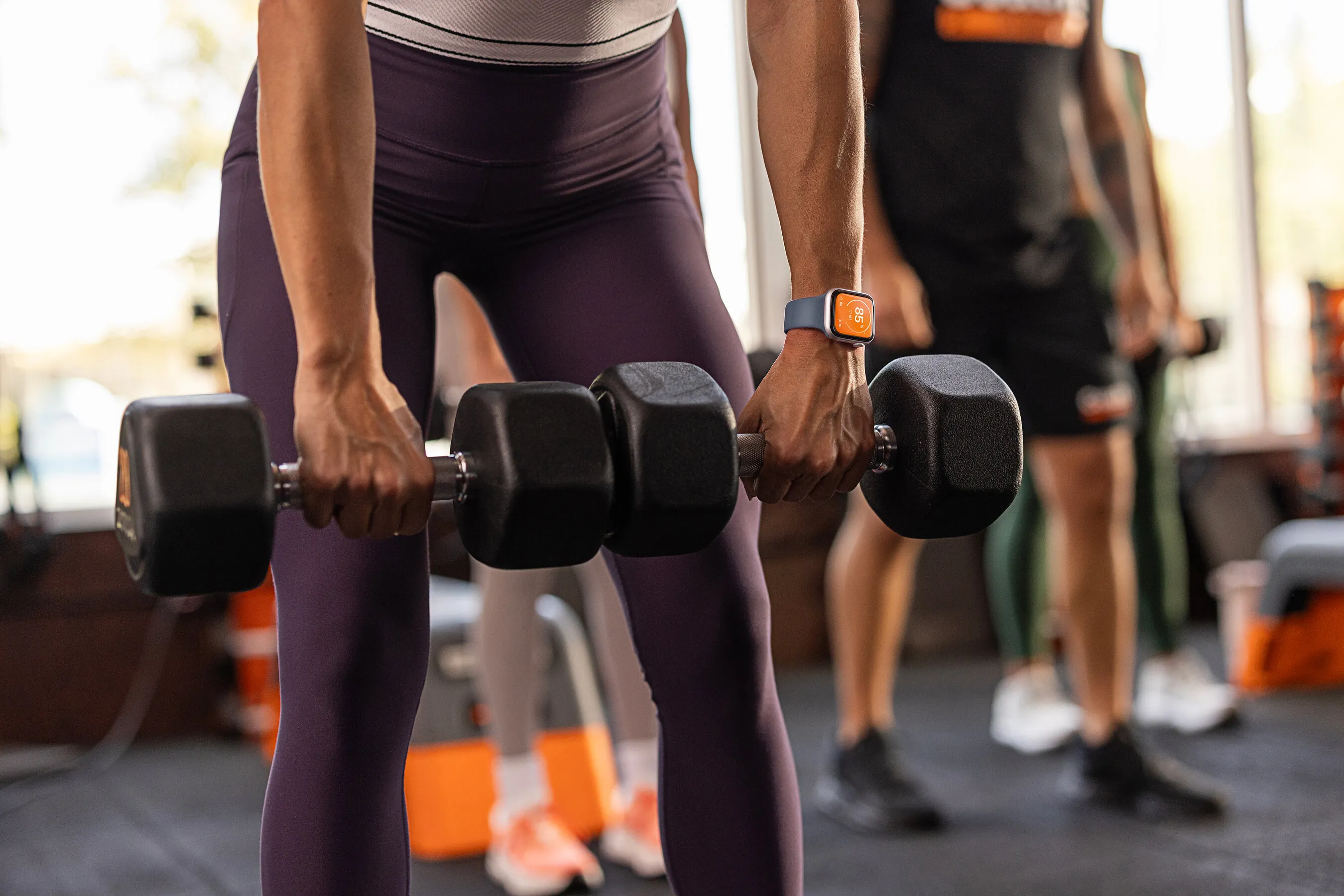 A person holds two black dumbbells in a gym.